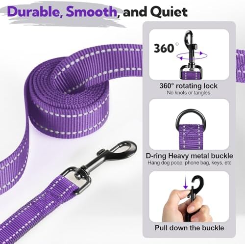 Dual-Handle Dog Leash 6FT, Heavy Duty Nylon with Reflective Threads,Purple - Image 6