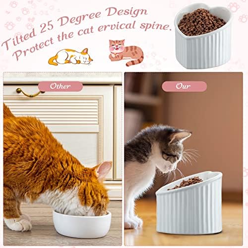 Mumufy 2 Pcs Ceramic Elevated Cat Bowls Tilted Elevated Raised Pet Bowls Anti Vomit Cat Dish for Indoor Stress Free Water Dish Feeder for Puppies, Heart Shaped(Pink, White) - Image 3