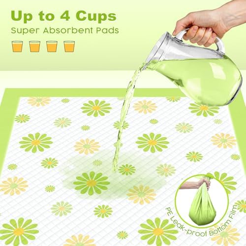 MIZOK Puppy Pads with Adhesive Tabs Green Daisy Prints Small 22x22in 100Ct - Image 5