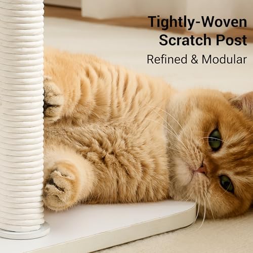 34" Modern Cat Tree Furniture for Indoor Small & Medium Cats, Minimalist Cat Tower with Scratching Posts, Wood Platforms, Capsule Perch, Stable Steel Frame & Washable Cushion, Soft White - Image 6