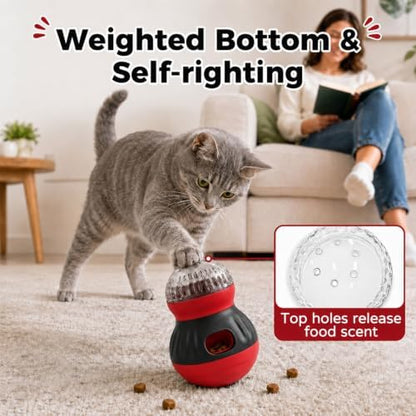 Interactive Cat Wobble Toy Treat Dispenser – Cat Puzzle Feeder & Slow Feeder Ball for Indoor Cats, Small Dog Enrichment Toy for Puppies (RED) - Image 2