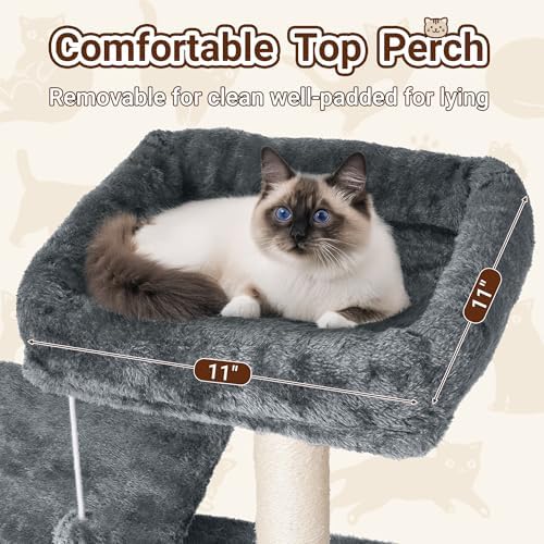 54 Inch Multi-Level Cat Tree Tower with Hammock, Condos & Scratching Posts, Large Cat Furniture for Indoor Cats with Pompoms, Dark Grey - Image 7