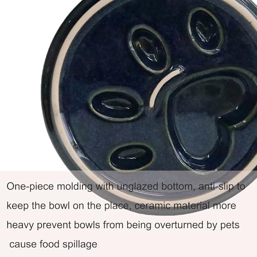 Ceramic Slow Feeder Bowl, 6.69 x 5.7 inches, Elevated Design with Paw Pattern, for Cats and Small Dogs (Dark Blue) - Image 3