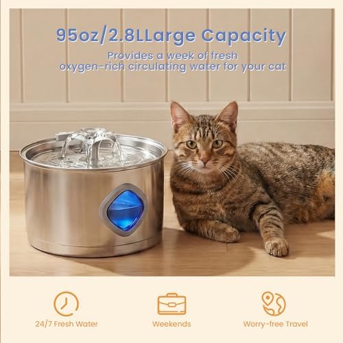 Stainless Steel Cat Water Fountain, 95oz/2.8L Automatic Cat Water Dispenser with 3 Replacement Filters, Pet Fountain for Cats Dogs Indoor, Water Level Window, Quiet Water Pump - Image 2