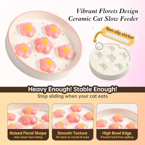 Ceramic Slow Feeder Cat Bowl, 6.3" Whisker Friendly Anti-Vomit, Blush - Image 4