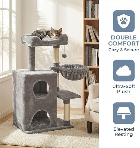 Fansafurn Cat Tree Tower for Indoor Cats, 36-inch Adult Cat Tree House for Large Adult Cats with Steps, Scratching Post, 2 Cat Condo, Dangling Toys, Light Grey - Image 6