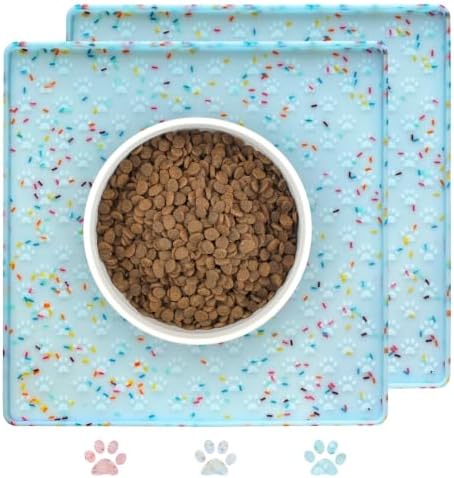 2 Pack Dog Food Mat Anti-Slip Dog Bowl Mats for Food and Water, Waterproof Pet Placemat Prevents Messy Spill to Floor, Silicone Puppy Feeding Tray for Small, Medium and Large Dogs Cats, Blue by PTLOM