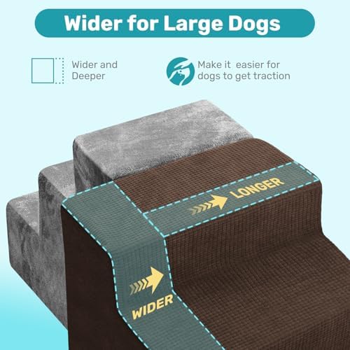 Dog Stairs for Bed, Extra Wide 4-Step Dog Steps for High Bed, High-Density Foam Pet Stairs with Non-Slip Removable Washable Cover for Small Pets, 18" H, Brown - Image 4