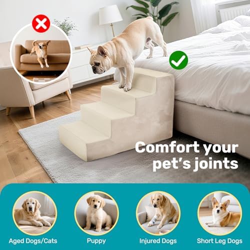 Dog Stairs for Bed, Extra Wide 4-Step Dog Steps for High Bed, High-Density Foam Pet Stairs with Non-Slip Removable Washable Cover for Small Pets, 18" H, Beige - Image 6