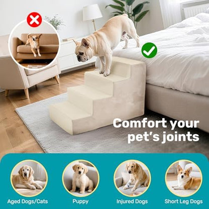 Dog Stairs for Bed, Extra Wide 4-Step Dog Steps for High Bed, High-Density Foam Pet Stairs with Non-Slip Removable Washable Cover for Small Pets, 18" H, Beige - Image 6