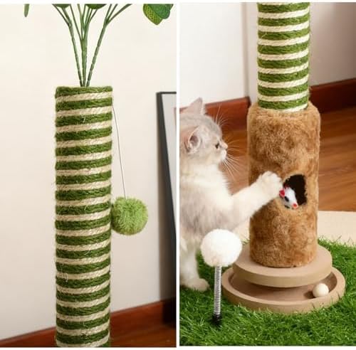 Cat Scratching Post, Two Tone Tall Sisal Scratch Pole For Indoor Cats,Artificial Turf Base Cat Tower With Hanging Toy,Double Ball Track & Simulated Mouse Hole,Strong Post For Kittens/Cats (35 in Post) - Image 5