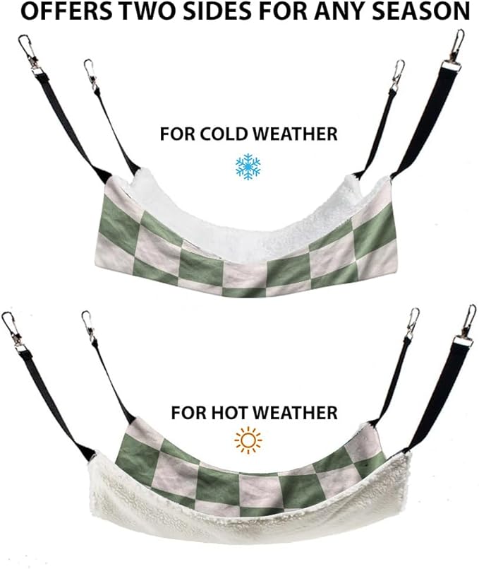 WIRESTER Reversible Cat Hanging Hammock 22.8 x 18.9 Inch, Pet Cage Hammock Bed with Adjustable Straps, Soft Sleeping Hammock for Cat, Ferret, Puppy Dog, Rabbit, Small Animals - Sage Green Checkerboard