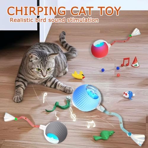 2PCS Interactive Cat Toys for Indoor Cats,New Generation Interactive Cat Ball Toy with Elastic Mesh Tail,Automatic Cat/Kitten Toys with Chirping & Motion Activate,Cat Toys for Bored Indoor,Red & Gray - Image 2