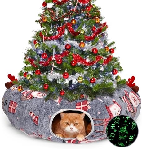Cat Tunnel Christmas Tree Skirt, Cat Tunnel Bed, Cat Donut Tunnels Bed for Indoor Cats, with Washable Cushion, Hanging Toy Ball, Christmas Tree Protector & Decoration by Tidjani