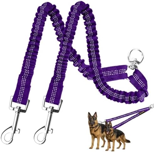 MingXpet 2 Dog Leash, Dog Leash for 2 Dogs, 360° Swivel No Tangle Double Walking Training Leashes for Large Dogs that Pull, Comfortable Shock Absorbing Reflective Bungee, Purple by MingXpets