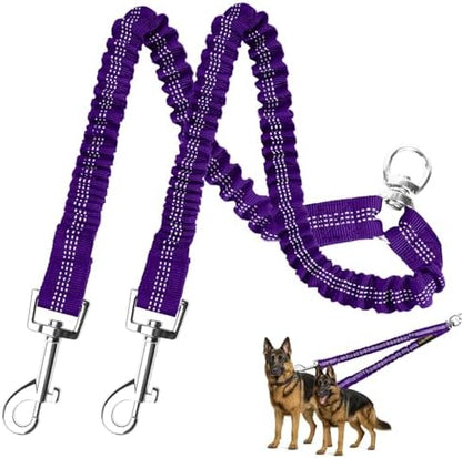 MingXpet 2 Dog Leash, Dog Leash for 2 Dogs, 360° Swivel No Tangle Double Walking Training Leashes for Large Dogs that Pull, Comfortable Shock Absorbing Reflective Bungee, Purple by MingXpets