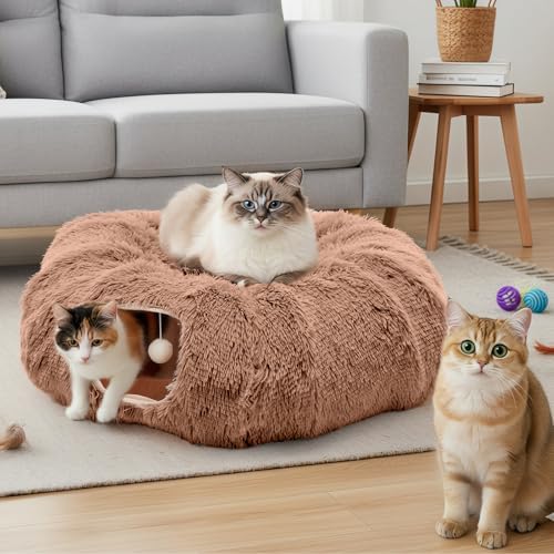DUMOS Cat Tunnel Bed for Indoor Cats, Cave Donut Play Tunnel, Modern Brown - Image 2
