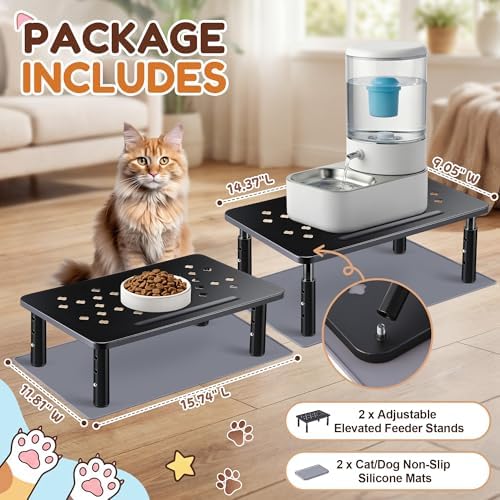 Dreyoo 2 Set Adjustable Cat Food Stand, Black,Gray Mat - Image 2