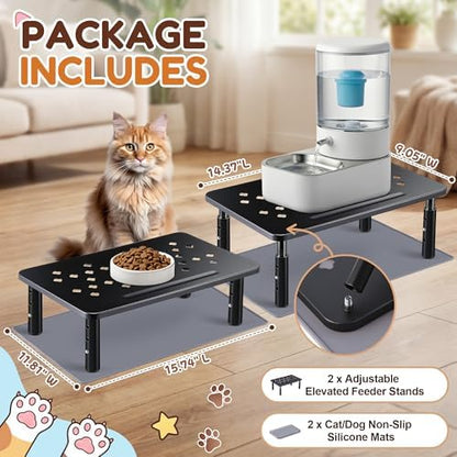 Dreyoo 2 Set Adjustable Cat Food Stand, Black,Gray Mat - Image 2