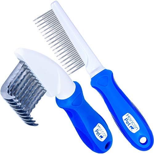 2 In 1 Dematting Razor Comb and 37 Pin Detangling Pet Comb Set - Removes Knots, Matted Fur, & Tangles Gently For Dogs & Cats by HoriconPet
