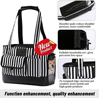 Cat Carrier, Dog Carrier, Pet Carrier, Foldable Waterproof Premium PU Leather Oxford Cloth Dog Purse, Portable Bag Carrier for Small to Medium Cat and Small Dog - Black White Stripes New - Image 4