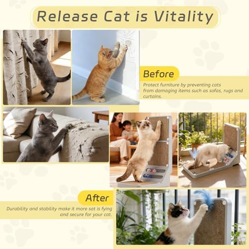 Cat Scratcher Cat Scratch Pad L Shape Wall Mounted Dual Use (Vert/Horiz) Kitten Bunifa Scratching Card Board Vertical Post with Ball Toys Feathers,Protecting Furniture Core is Replaceable Large Grey - Image 4