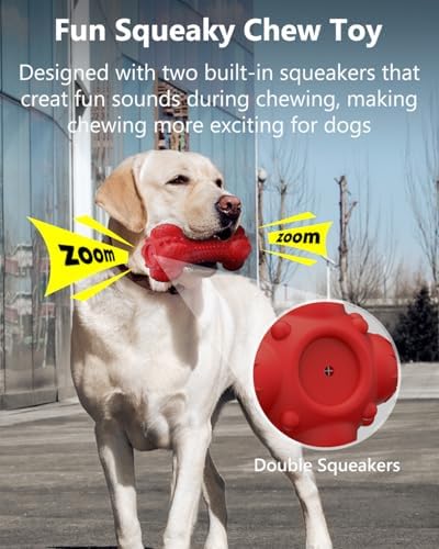 SCHITEC Squeaky Dog Chew Toy for Aggressive Chewers Large Breed, Tough Interactive Teething Rubber Bone for Big Medium Dogs - Image 2
