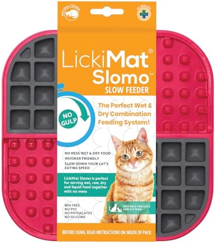LickiMat Slomo, Cat Slow Feeder Lick Mat, Boredom Anxiety Reducer; Perfect for Food, Treats, Yogurt, or Peanut Butter. Fun Alternative to a Slow Feed Cat Bowl or Dish, Red by LICKIMAT