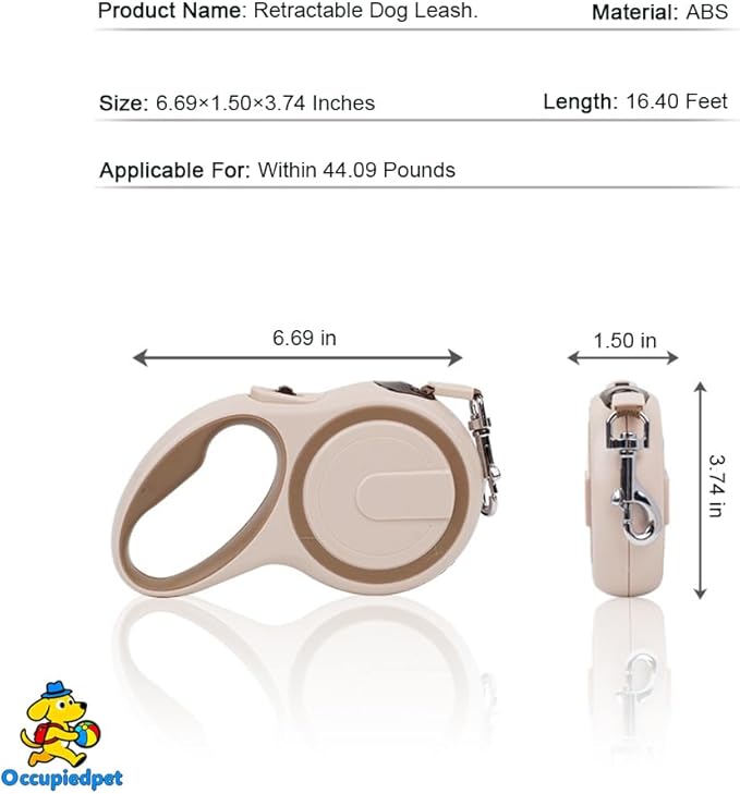 Retractable Dog Leash,16ft Dog Walking Leash Strong Nylon Tape and Anti Slip Handle One-Handed Brake No Tangle for Small Dogs Up to 44lbs.（Khaki）