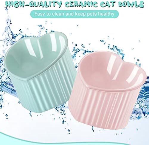 Mumufy 2 Pcs Ceramic Elevated Cat Bowls Tilted Elevated Raised Pet Bowls Anti Vomit Cat Dish for Indoor Stress Free Water Dish Feeder for Puppies, Heart Shaped(Macaron Blue, Pink) - Image 6