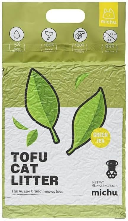 Michu Tofu Cat Litter Natural Clumping Tofu Cat Litter, Fast Clumping and Easily Scoop-able 5.5lb/88oz 5 Scents - Greentea, 8 Pack