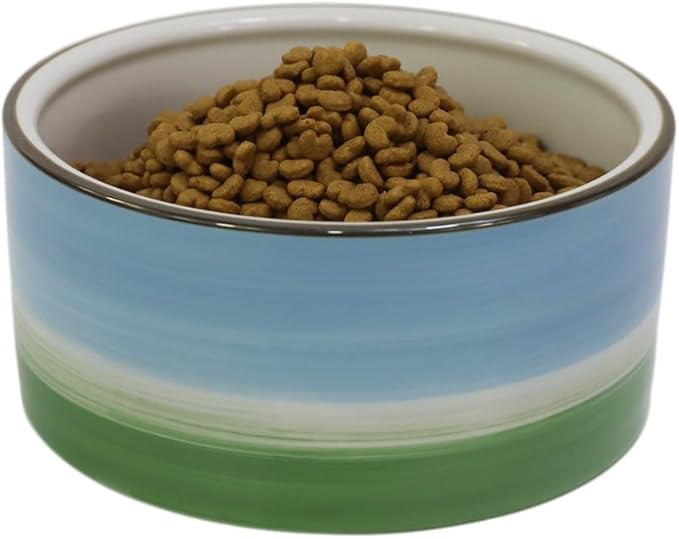 Blue & Green Vintage Porcelaine Dog Bowls, Anti-Slip Heavy Ceramic Dog Pets Feeding Food and Water Bowls Dish, 27OZ for Medium Large Dogs,Dishwasher and Microwave Safe-6"