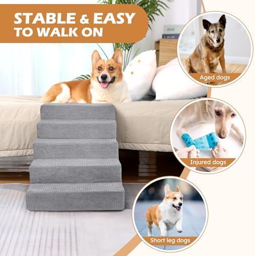 Heeyoo Dog Stairs for Small Dogs,5-Step Dog Steps for High Bed and Couch, High-Density Foam Pet Steps with Supporting Board, Non-Slip Removable Washable Cover, Grey