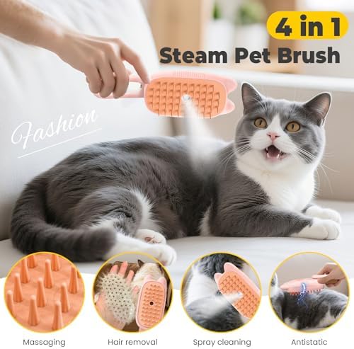 Cat Steam Brush for Shedding, 4 in 1 Rechargeable Steam Brush for Cats and Dogs, Anti-Static, Massage, flea comb for cats& Pet Removal Hair Glove,Shedding & Combing All In One!(Pink) - Image 2