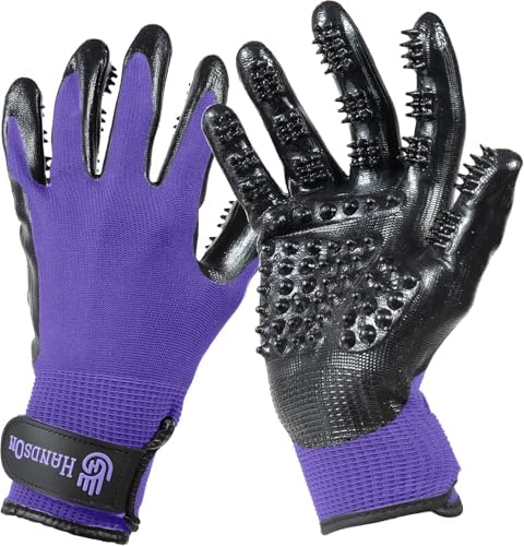 H HANDSON Pet Grooming Gloves - Patented #1 Ranked, Award Winning Shedding, Bathing, & Hair Remover Gloves - Gentle Brush for Cats, Dogs, and Horses (Purple, Small) by HandsOnPatentedOriginalGroomingBathingGloves