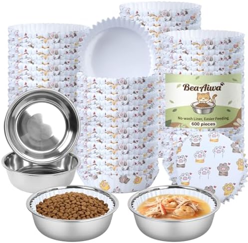 Cat Bowl Set (600 Disposable Pet Bowl Liners with 4 Stainless Steel Bowls) by Unknown