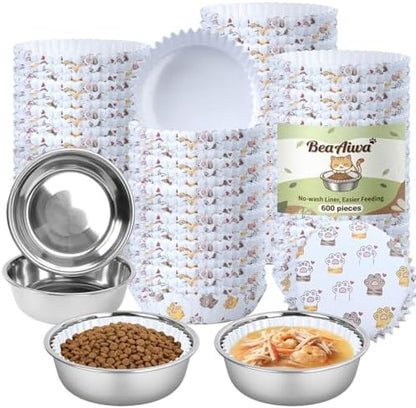 Cat Bowl Set (600 Disposable Pet Bowl Liners with 4 Stainless Steel Bowls) by Unknown