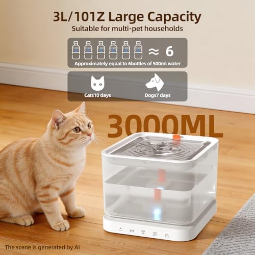 Wireless Cat Water Fountain,3L/101oz Cat Water Fountain for Cats Indoor,4000mAh Battery Operated Pet Water Fountain,Cat Fountain with Stainless Steel Tray,BPA-Free(P08F) - Image 4