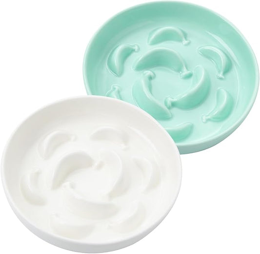 Cat Slow Feeder Bowl Set - 2-Pack Ceramic Cat Dishes for Slow Eating - Whisker-Friendly Cute Maze Bowls for Dry & Wet Food - Microwave & Dishwasher Safe - White and Green