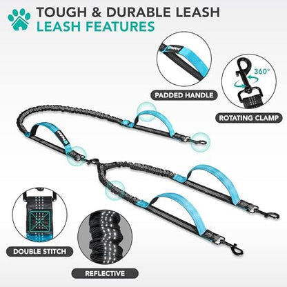 PetAmi Hands Free Double Dog Leash with Padded Lumbar Waist Belt, 360 No-Tangle Swivel Coupler, Bungee Shock Absorbing Dual Leash for Two Dogs Medium Large, Reflective, Turquoise - Image 3