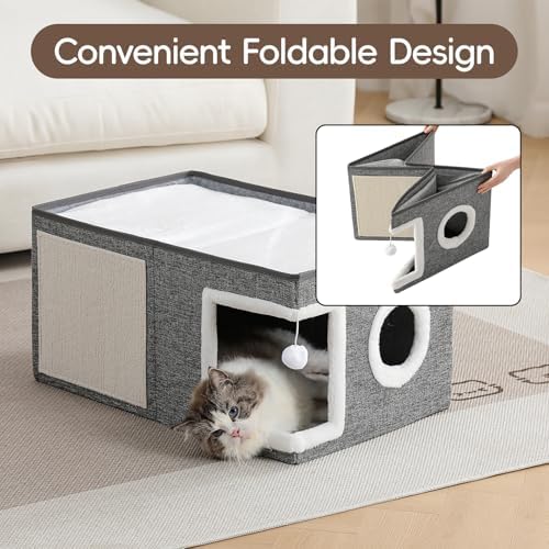 Extra-Wide Cat Houses for Indoor Cats, Large Cat Cave Bed with Fluffy Ball and Scratch Pad, Foldable Covered Kitten Bed for Multiple Cats, 23.6x16x13 inches, Grey - Image 6