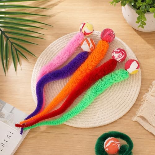 6 Pcs Cat Ball Toy Interactive Cats Bouncy Ball-Colorful Worm with Ball-Toy Mixed Bouncy Balls Rainbow Fuzzy Worm Weasel Balls for Indoor Cats(Multicolor) - Image 4