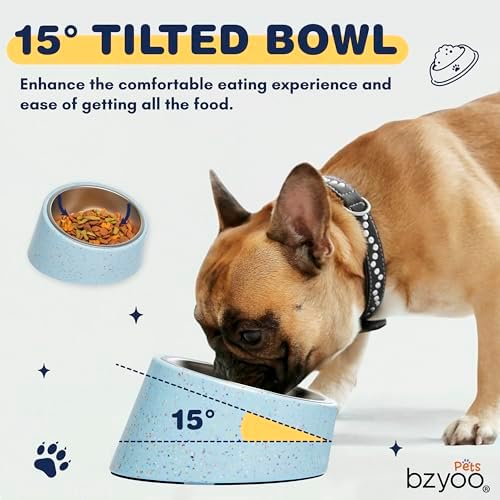 bzyoo 16oz Tilted Dog Bowl for Small Dogs & Cats, 15° Elevated Stainless Steel Pet Feeder, Ergonomic Anti-Vomiting Food Bowl for Frenchie, Pug, Persian Cat, Non-Skid Melamine Stand, Sprinkle (Blue) - Image 5