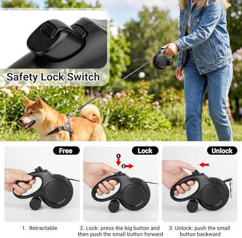Segarty 16 Ft Retractable Dog Leash with Detachable Poop Bag Holder, 5m Walking Leash for Pets up to 66 Lbs, 360°Tangle-Free Black Dog Lead with Anti-Slip Handle & One-Handed Brake Pause Lock for Dogs - Image 4