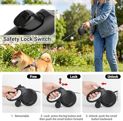 Segarty 16 Ft Retractable Dog Leash with Detachable Poop Bag Holder, 5m Walking Leash for Pets up to 66 Lbs, 360°Tangle-Free Black Dog Lead with Anti-Slip Handle & One-Handed Brake Pause Lock for Dogs - Image 4