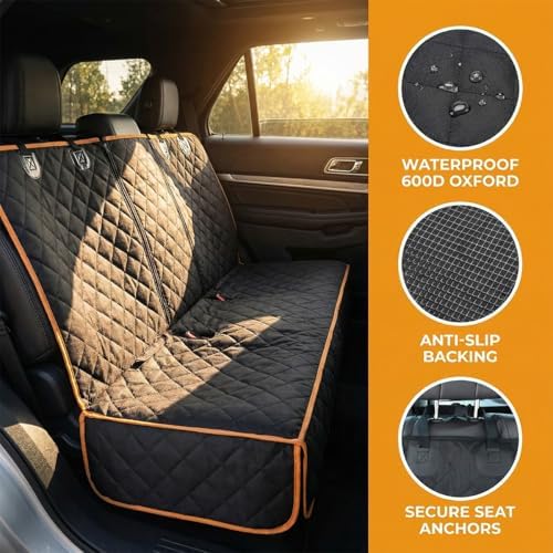 Dog Car Seat Cover for Back Seat, Waterproof Non-Slip Automotive Pet Bench Seat Pad Cover, Soft Vehicle Dog Middle Armrest Pet Backseat Bed Mat Protector, Universal Fit (Black/Orange) - Image 3