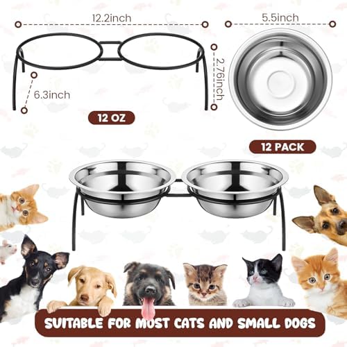 12 Pack Stainless Steel Cat Food Bowls 5.5 Inch Raised Cat Bowls with One Metal Stand Elevated Pet Feeding Water Feeder Dishes for Indoor Kitten Puppy Dogs Feeding Dish to Prevent Fatigue - Image 2