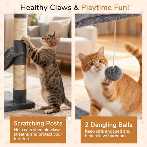DORTALA Cat Tree for Indoor Cats, 44" Modern Cat Tower with Top Perch, Condo, Hammock, Sisal Scratching Posts, Dangling Balls, Platforms, Multi-Level Pet Climbing Furniture Playground (Grey) - Image 6
