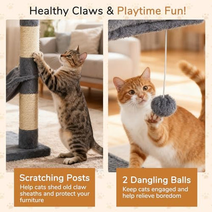 DORTALA Cat Tree for Indoor Cats, 44" Modern Cat Tower with Top Perch, Condo, Hammock, Sisal Scratching Posts, Dangling Balls, Platforms, Multi-Level Pet Climbing Furniture Playground (Grey) - Image 6
