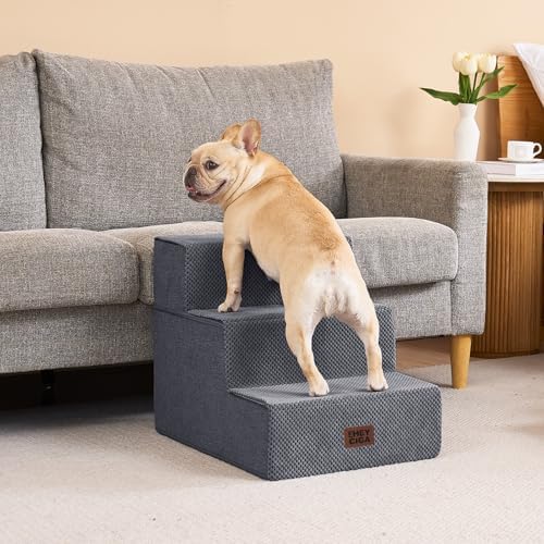 EHEYCIGA Dog Stairs for Small Dogs 16.5" H, 3-Step Extra Wide Ramp, Grey - Image 5